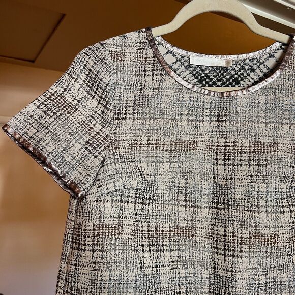 See U Soon Anthropologie Top Sz 0 Metallic Cap Sleeve Pull Over Gold Trim Crop - Picture 2 of 7